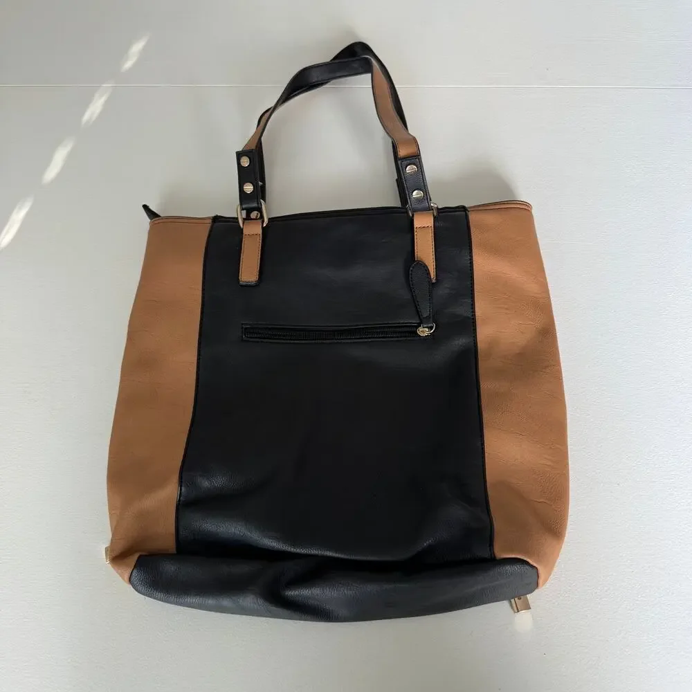 Nine West Brown Black Two Tone Faux Leather Medium Tote Bag Zip Top